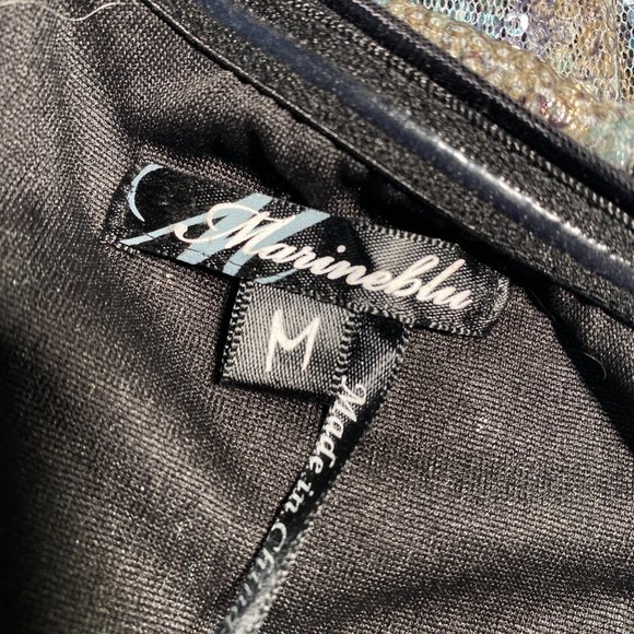 Marineblu Strapless Snake Print Blue & Brown Sequin Mini Dress with Mesh - Picture 6 of 13